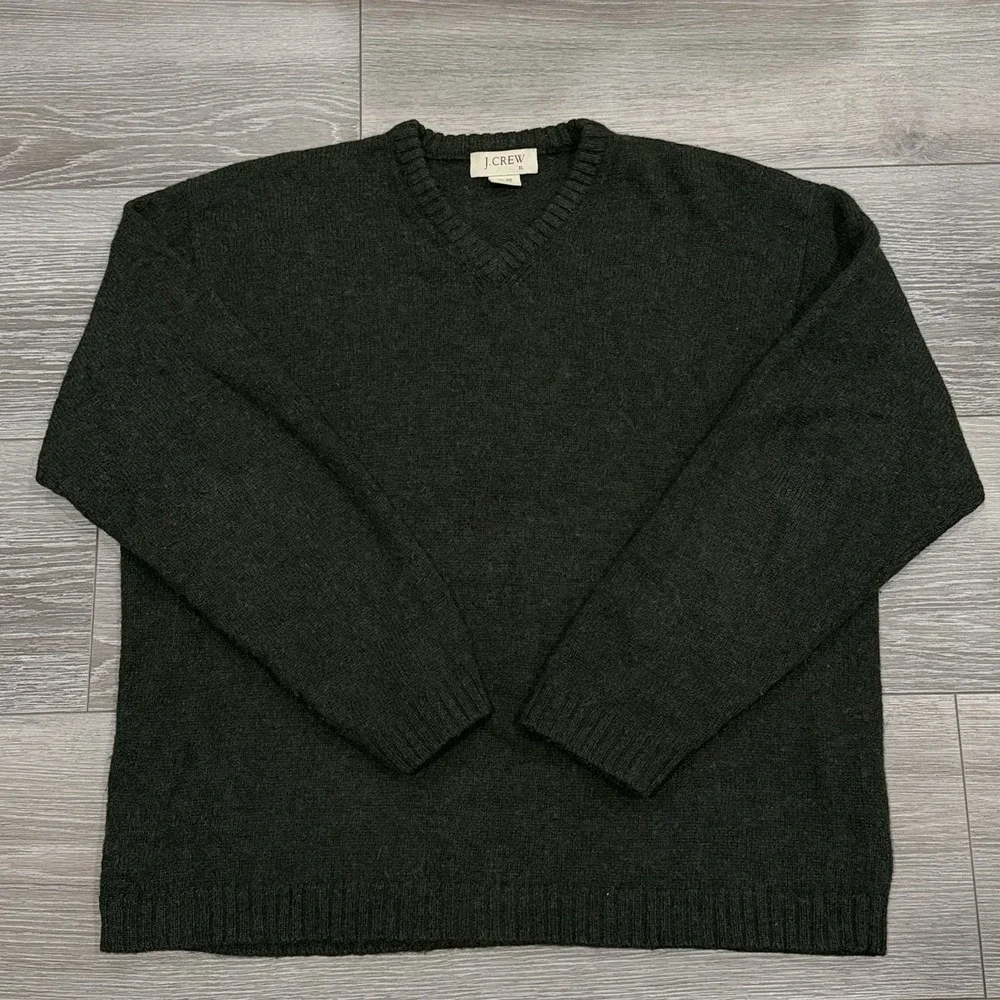 Vintage J.Crew Mens XL 100% Shetland Wool V-Neck Sweater Dark Heather Green